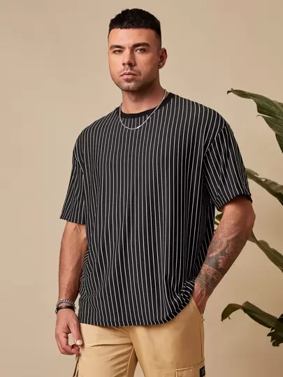 EASEVO Men Plus Size Pinstriped Print Nice Business Casual Short Sleeve Tee, For Going Out, Summer, School