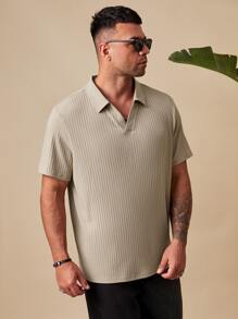 EASEVO 男士大码纯色罗纹针织 Polo 衫 领口纯色卡其色外出休闲 Polo 衫 男士 Polo 衫>针织米色男士 Polo 衫男士高尔夫衬衫男士大码上衣男士大码上衣 - 卡其色 - 查看 5