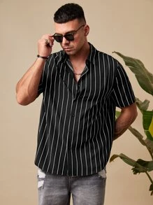 GENTILAND Men Plus Striped Print Shirt - Black - View 1