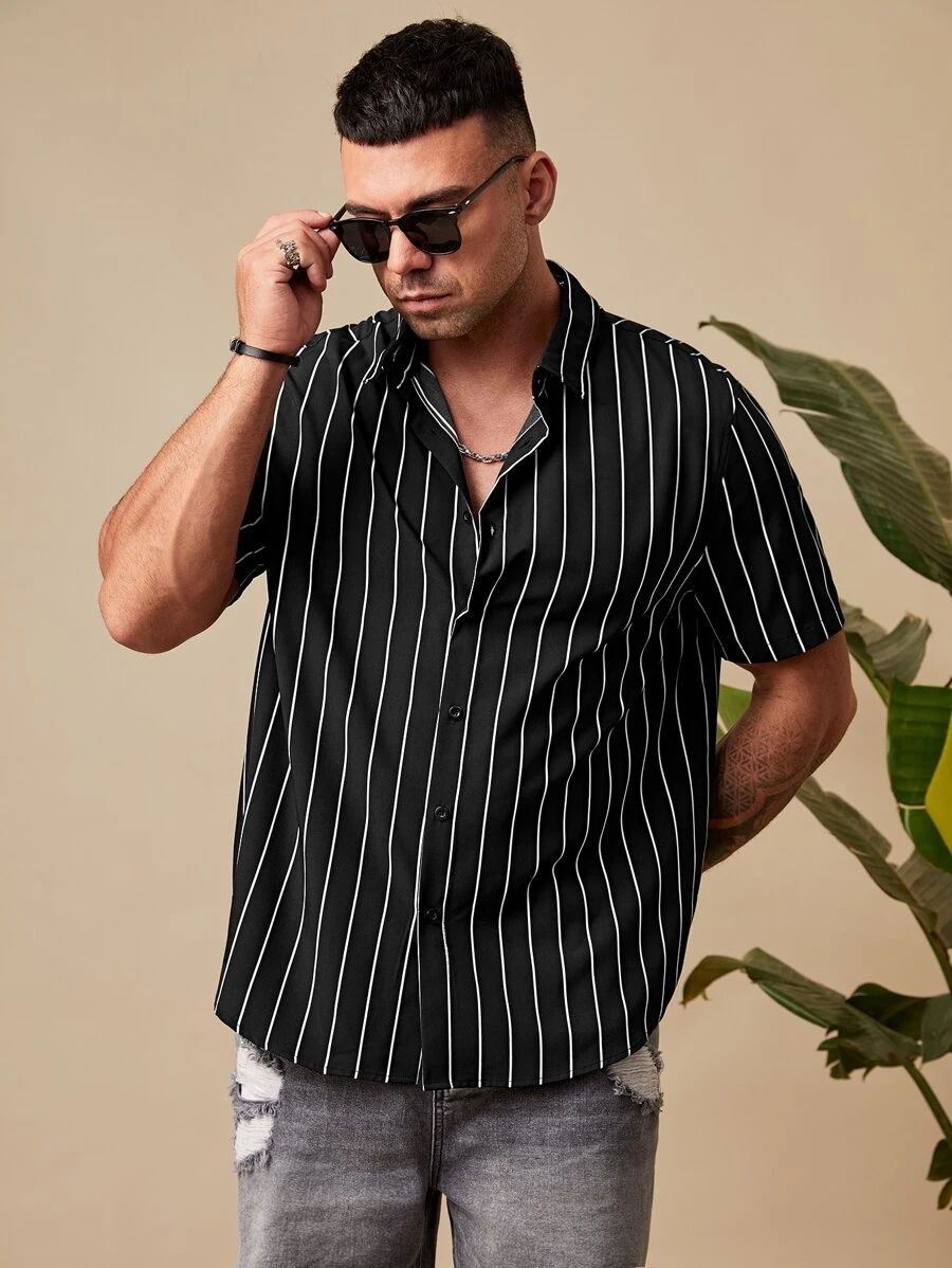 GENTILAND Men Plus Striped Print Shirt - Black - View 1