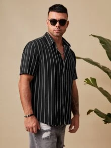 GENTILAND Men Plus Striped Print Shirt - Black - View 4