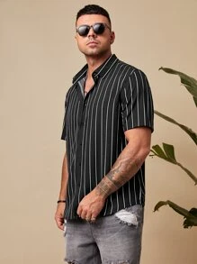GENTILAND Men Plus Striped Print Shirt - Black - View 5