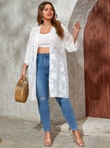 SHEIN 大碼提花開門襟雪紡和服罩衫 - 白色 - 查看 3