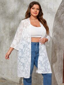 SHEIN 大碼提花開門襟雪紡和服罩衫 - 白色 - 查看 4