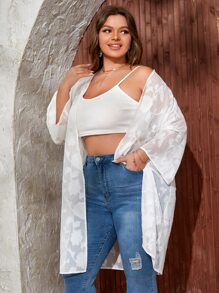 SHEIN 大碼提花開門襟雪紡和服罩衫 - 白色 - 查看 5