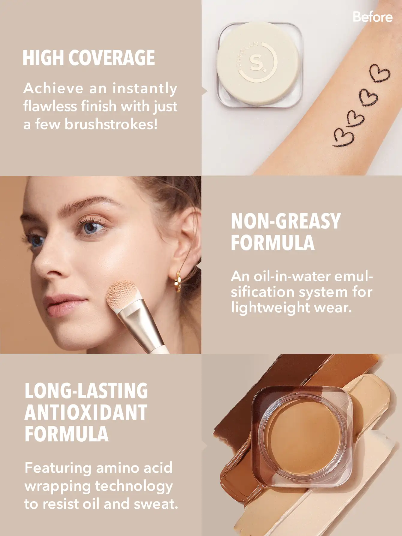 SHEGLAM Full Coverage Foundation Balm Sample-Chestnut Long Lasting Flawless Moisturizing Foundation Oil-Control Color Corrector Concealer Pore-Less Cover Blemish Non-Greasy Non-Caking Smoother-Looking Cream Foundation - Chestnut - View 3