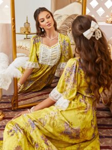 Váy ngủ & áo ngủ Nữ Tương phản ren Viên lá sen Hoa Hoàng gia - Nhiều màu - Xem 1