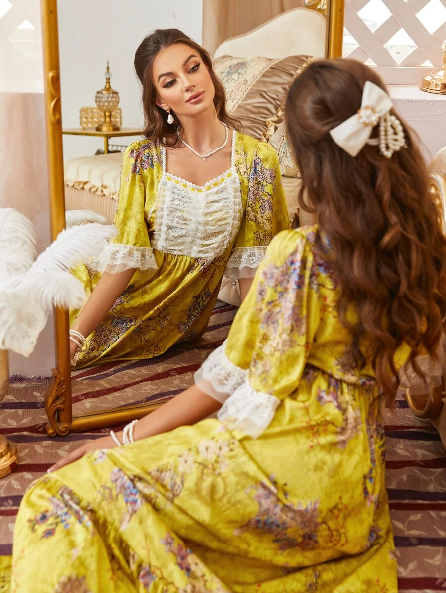 Váy ngủ & áo ngủ Nữ Tương phản ren Viên lá sen Hoa Hoàng gia - Nhiều màu - Xem 1