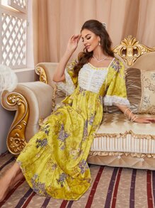 Váy ngủ & áo ngủ Nữ Tương phản ren Viên lá sen Hoa Hoàng gia - Nhiều màu - Xem 3