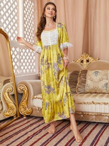 Váy ngủ & áo ngủ Nữ Tương phản ren Viên lá sen Hoa Hoàng gia - Nhiều màu - Xem 4