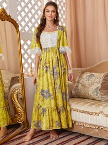 Váy ngủ & áo ngủ Nữ Tương phản ren Viên lá sen Hoa Hoàng gia - Nhiều màu - Xem 5