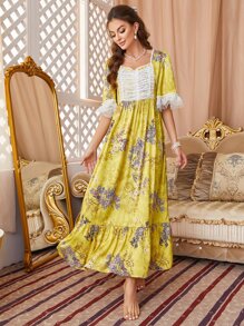 Váy ngủ & áo ngủ Nữ Tương phản ren Viên lá sen Hoa Hoàng gia - Nhiều màu - Xem 6