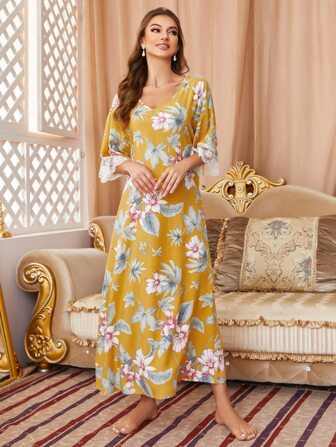 فستان نوم طباعة الأزهار دانتيل متباين اللون اكمام جناح خفاش