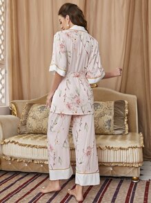 PalaceNights Floral Print Contrast Binding Belted PJ Set / Pajama Set Holiday Season - Multicolor - View 2