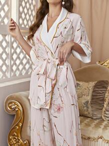PalaceNights Floral Print Contrast Binding Belted PJ Set / Pajama Set Holiday Season - Multicolor - View 6