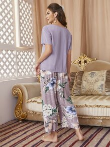 Floral Print Tie Front PJ Set - Multicolor - View 2