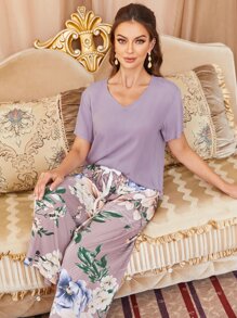 Floral Print Tie Front PJ Set - Multicolor - View 3