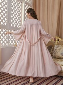 刺绣网眼褶皱胸围蕾丝边系带睡袍睡衣套装 - 淺粉色 - 查看 2