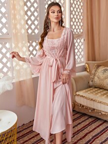 刺绣网眼褶皱胸围蕾丝边系带睡袍睡衣套装 - 淺粉色 - 查看 3