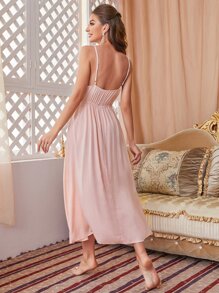 刺绣网眼褶皱胸围蕾丝边系带睡袍睡衣套装 - 淺粉色 - 查看 4