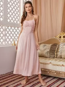 刺绣网眼褶皱胸围蕾丝边系带睡袍睡衣套装 - 淺粉色 - 查看 5