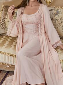 刺绣网眼褶皱胸围蕾丝边系带睡袍睡衣套装 - 淺粉色 - 查看 6