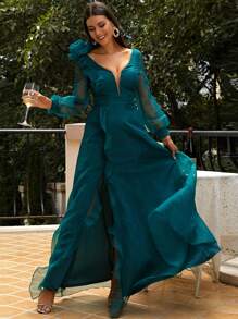 Missord Ruffle Trim Lantern Sleeve Tie Back Formal Dress - Teal Blue - View 1