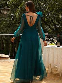 Missord Ruffle Trim Lantern Sleeve Tie Back Formal Dress - Teal Blue - View 2