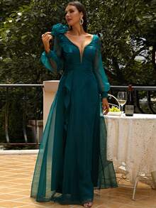 Missord Ruffle Trim Lantern Sleeve Tie Back Formal Dress - Teal Blue - View 3