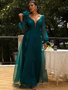 Missord Ruffle Trim Lantern Sleeve Tie Back Formal Dress - Teal Blue - View 5