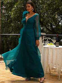 Missord Ruffle Trim Lantern Sleeve Tie Back Formal Dress - Teal Blue - View 6