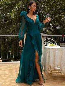 Missord Ruffle Trim Lantern Sleeve Tie Back Formal Dress - Teal Blue - View 8