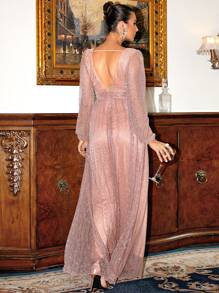 Missord Surplice Neck Lantern Sleeve Mesh Formal Dress - Dusty Pink - View 2
