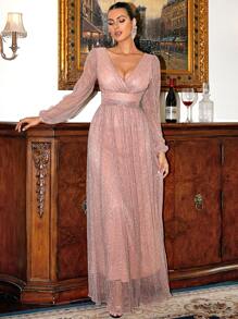 Missord Surplice Neck Lantern Sleeve Mesh Formal Dress - Dusty Pink - View 4