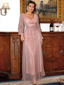 Missord Surplice Neck Lantern Sleeve Mesh Formal Dress - Dusty Pink - View 8