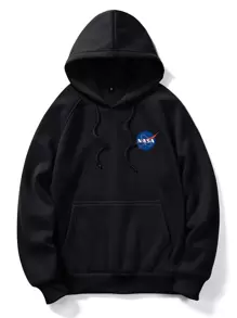 ROMWE MEN Prep Men Kangaroo Pocket Letter Graphic Hoodie, School - Black - View 1