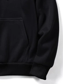 ROMWE MEN Prep Men Kangaroo Pocket Letter Graphic Hoodie, School - Black - View 3