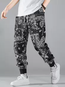 Manfinity Nam Hương hoa ngẫu nhiên & In hoa Paisley Dây rút Quần - Màu xám đen - Xem 1