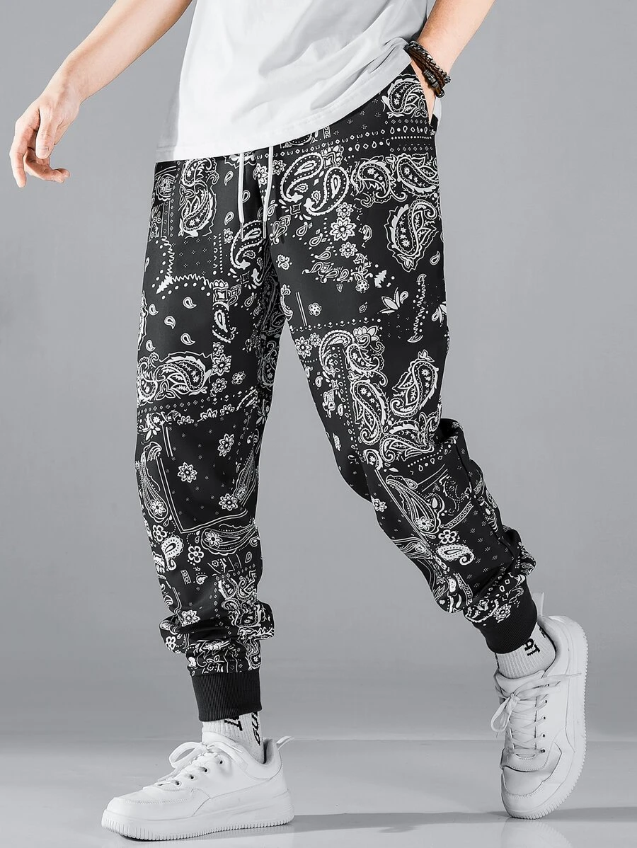 Manfinity Nam Hương hoa ngẫu nhiên & In hoa Paisley Dây rút Quần - Màu xám đen - Xem 1