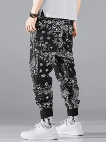 Manfinity Nam Hương hoa ngẫu nhiên & In hoa Paisley Dây rút Quần - Màu xám đen - Xem 2