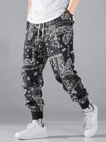 Manfinity Nam Hương hoa ngẫu nhiên & In hoa Paisley Dây rút Quần - Màu xám đen - Xem 4