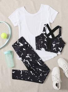 3pack Graphic Print Sports Bra & Leggings & Tee