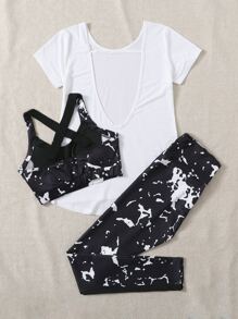 3pack Graphic Print Sports Bra & Leggings & Tee