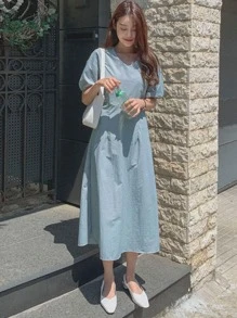 DAZY 燈籠袖後綁帶連衣裙 - 藍色 - 查看 1