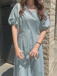 DAZY 燈籠袖後綁帶連衣裙 - 藍色 - 查看 3