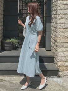 DAZY 燈籠袖後綁帶連衣裙 - 藍色 - 查看 4