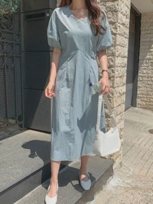 DAZY 燈籠袖後綁帶連衣裙 - 藍色 - 查看 6