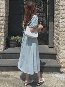 DAZY 燈籠袖後綁帶連衣裙 - 藍色 - 查看 7