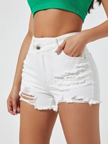 Ripped Raw Hem Denim Shorts - White - View 3