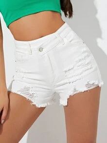 Ripped Raw Hem Denim Shorts - White - View 5